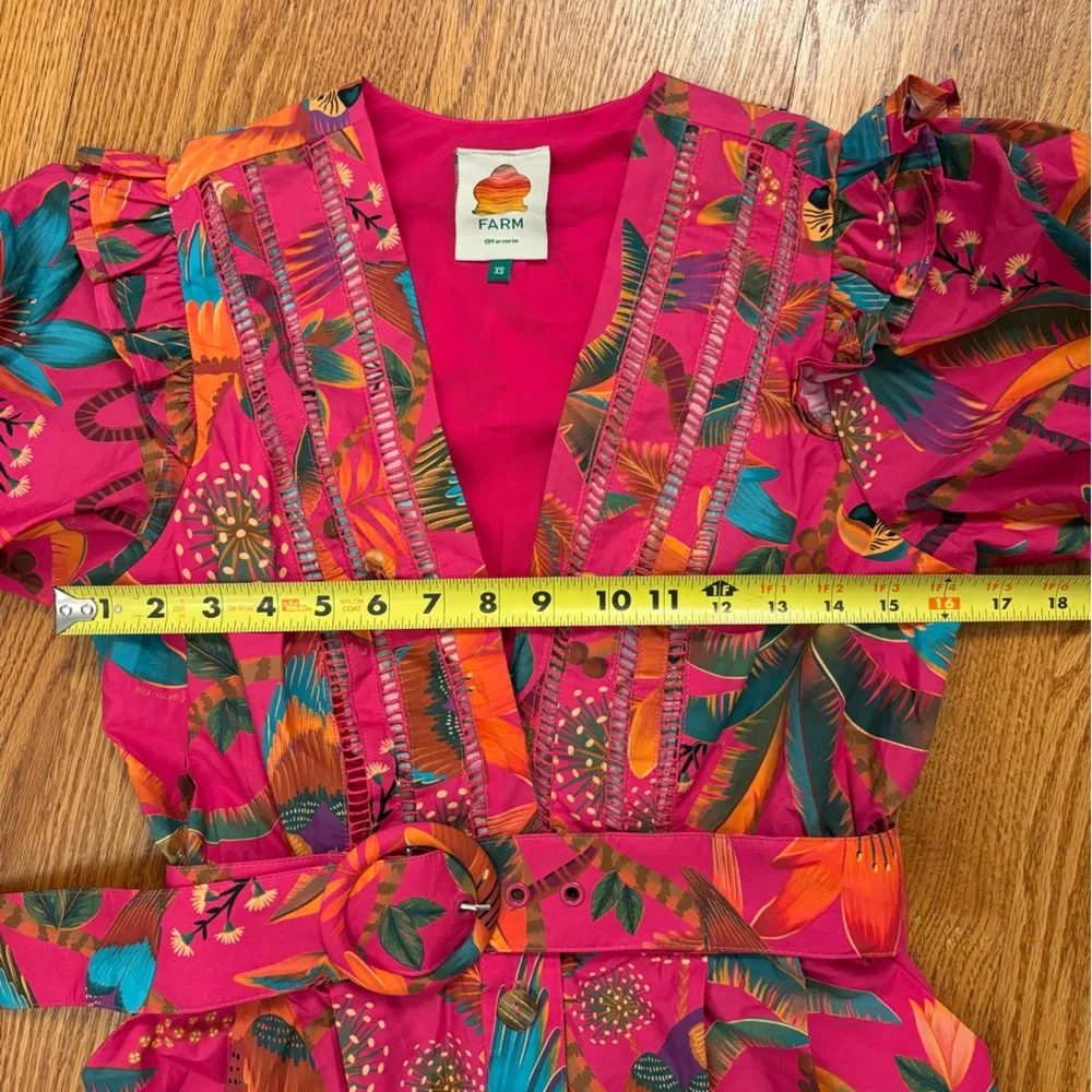 FARM Rio Macaw Party Pink Belted Puff Sleeve Romper - Picture 11 of 12